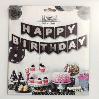 Siyah Üzeri Gümüş (Gri) Happy Birthday Banner